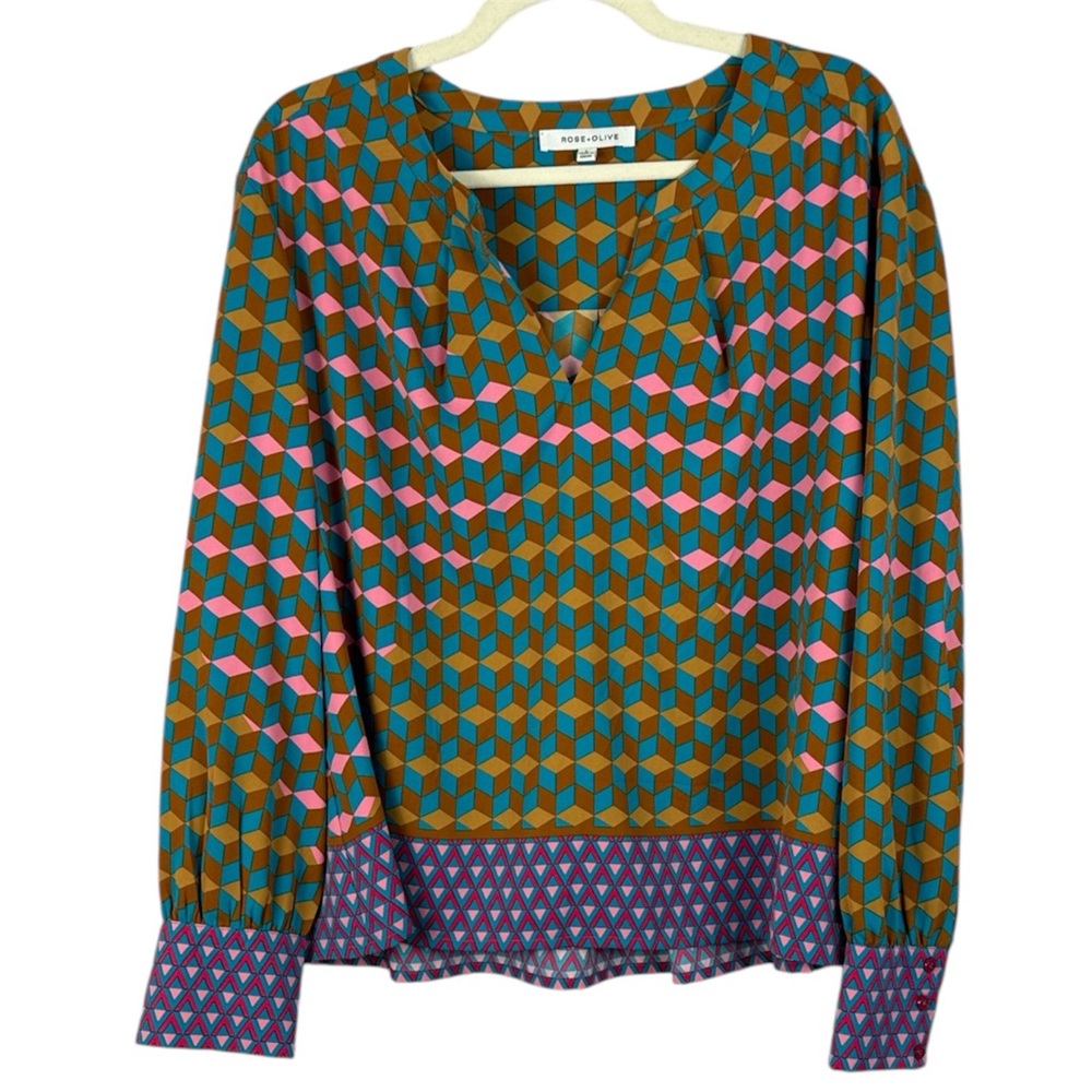 Rose & Olive Geometric 3D Cube Print V-Neck Long Sleeve Top - Teal, Pink & Brown